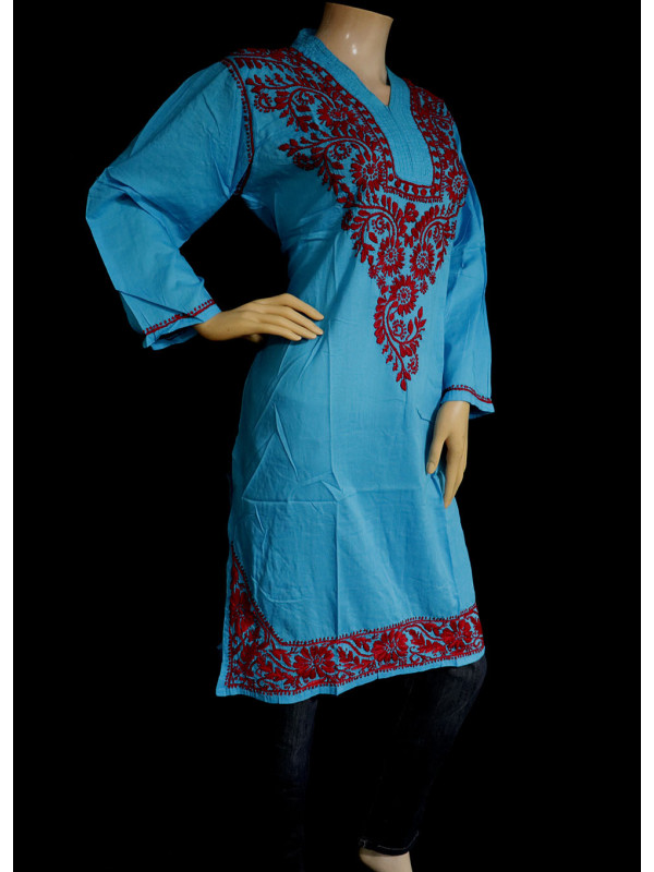 ISHIEQA's Blue-Red Cotton Chikankari Kurti  - SF0203A