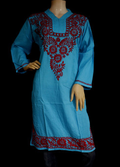 ISHIEQA's Blue-Red Cotton Chikankari Kurti  - SF0203A
