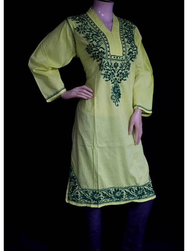 ISHIEQA's Yellow-Green Cotton Chikankari Kurti - SF0203A