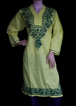 ISHIEQA's Yellow-Green Cotton Chikankari Kurti - SF0203A