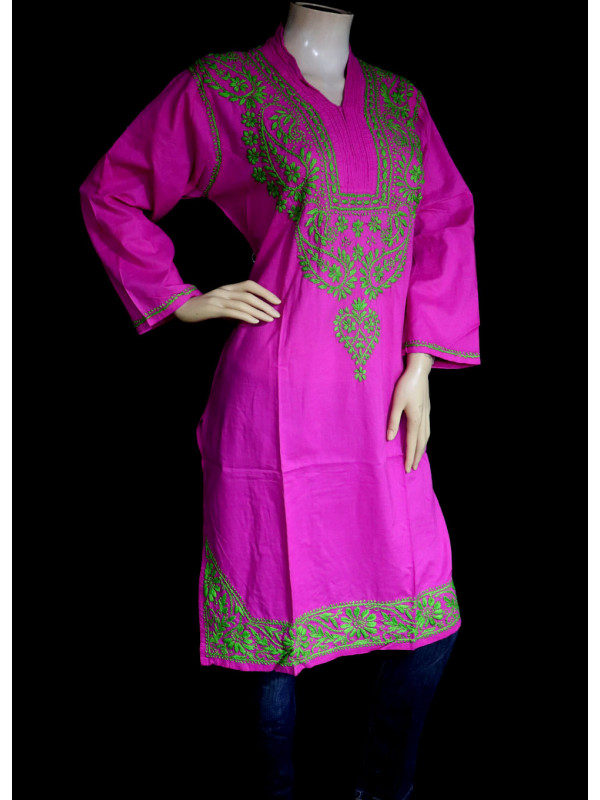 ISHIEQA's Pink-Green Cotton Chikankari Kurti - SF0203A