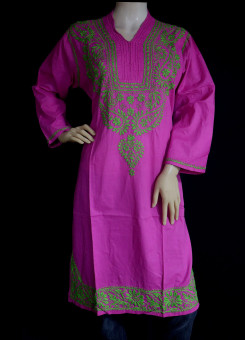 ISHIEQA's Pink-Green Cotton Chikankari Kurti - SF0203A