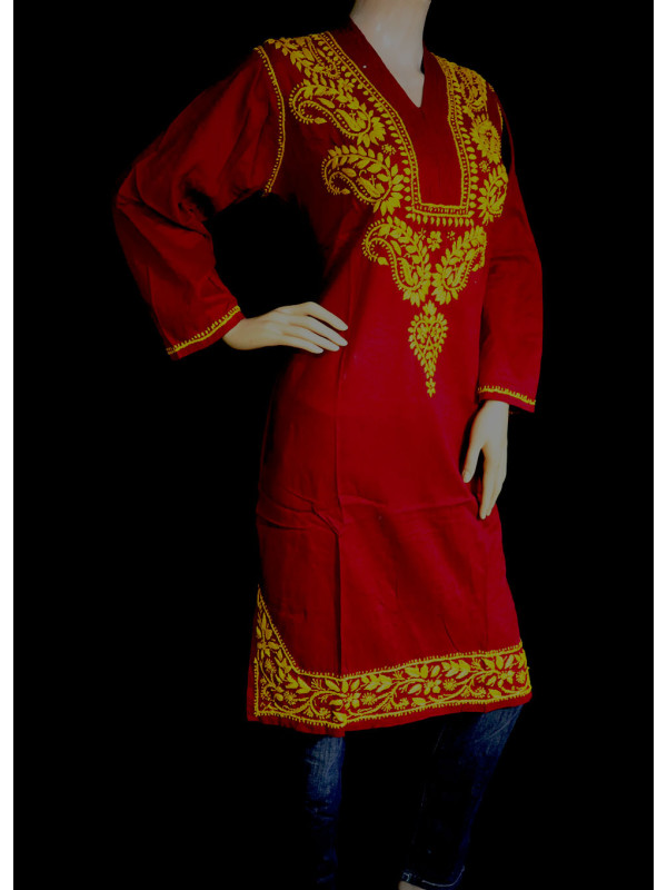 ISHIEQA's Maroon-Yellow Cotton Chikankari Kurti  - SF0203A