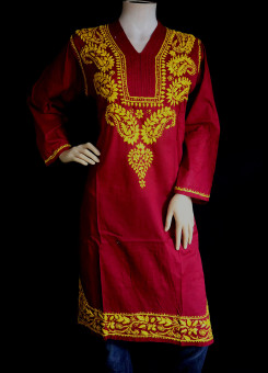 ISHIEQA's Maroon-Yellow Cotton Chikankari Kurti  - SF0203A