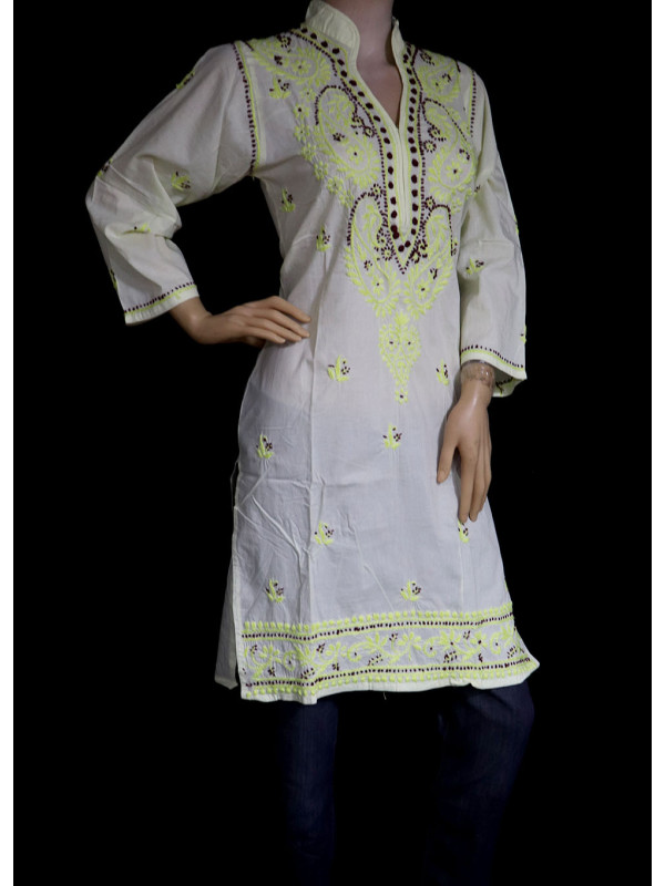 ISHIEQA's Lemon Cotton Chikankari Kurti  - SF0301A