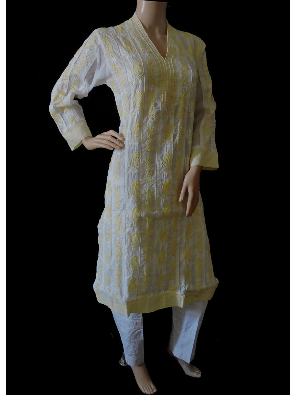 ISHIEQA's White-L Cotton Chikankari Kurti - LC011AB