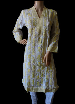 ISHIEQA's White-L Cotton Chikankari Kurti - LC011AB