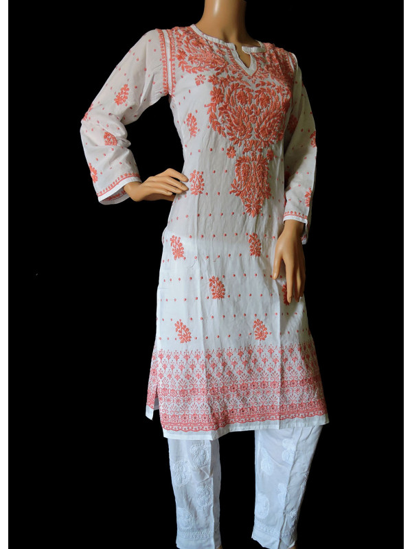 ISHIEQA's White-Peach Cotton Hakoba Chikankari Kurti  - LC0201B