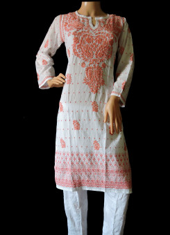 ISHIEQA's White-Peach Cotton Hakoba Chikankari Kurti  - LC0201B