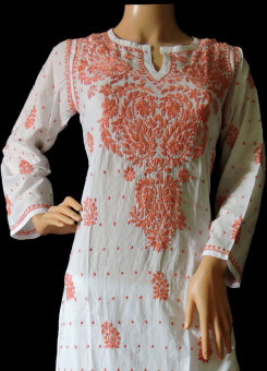 ISHIEQA's White-Peach Cotton Hakoba Chikankari Kurti  - LC0201B