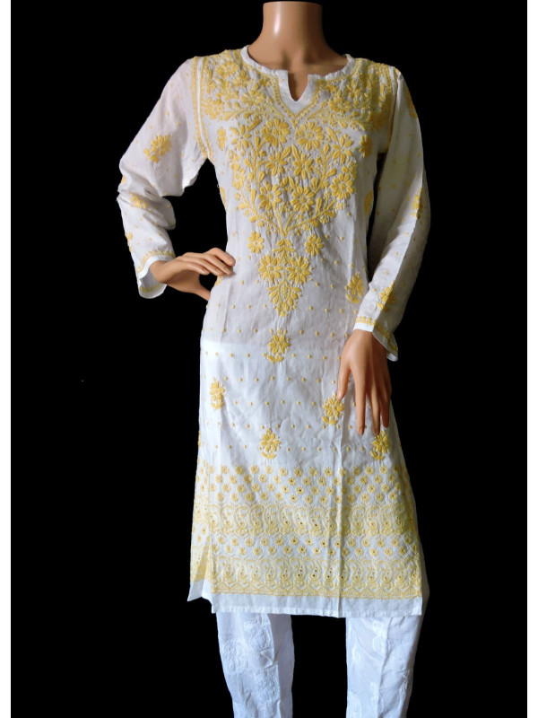 ISHIEQA's White-Yellow Cotton Hakoba Chikankari Kurti  - LC0201B