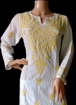ISHIEQA's White-Yellow Cotton Hakoba Chikankari Kurti  - LC0201B