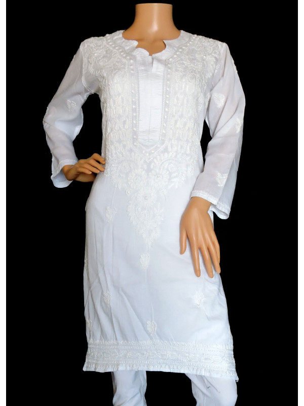 ISHIEQA's White Cotton Chikankari Kurti  - SF0204A