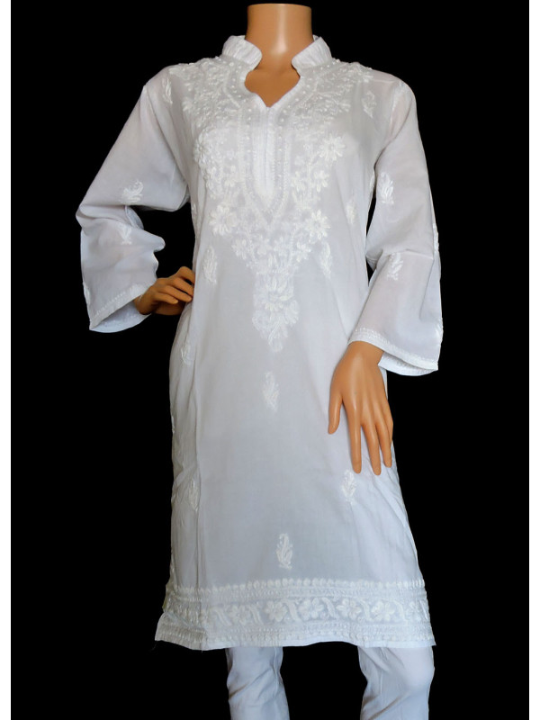 ISHIEQA's White Cotton Chikankari Kurti  - SF0301A