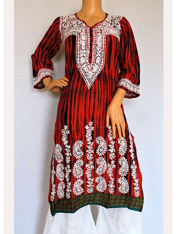 ISHIEQA's Red Shibori Cotton Chikankari Kurti  - LC0101B