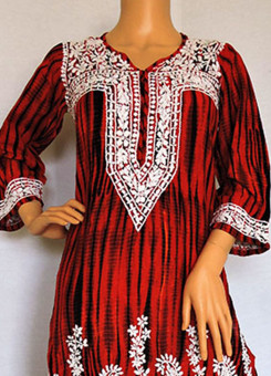 ISHIEQA's Red Shibori Cotton Chikankari Kurti  - LC0101B