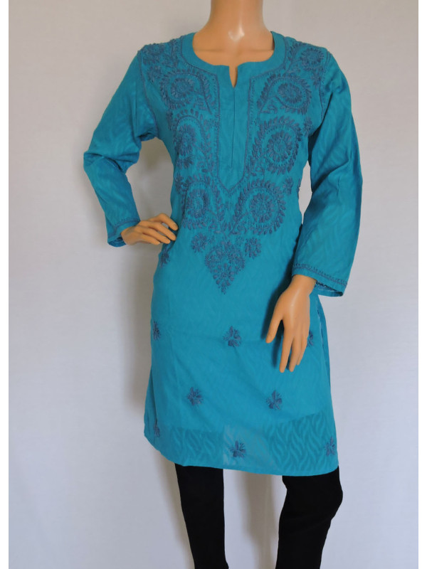ISHIEQA's Blue Cotton Chikankari Kurti  - AN0203C