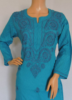 ISHIEQA's Blue Cotton Chikankari Kurti  - AN0203C