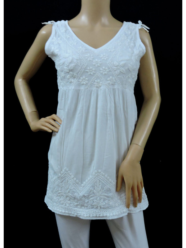 ISHIEQA's White Sleeveless Cotton Chikankari Top - SF0201A