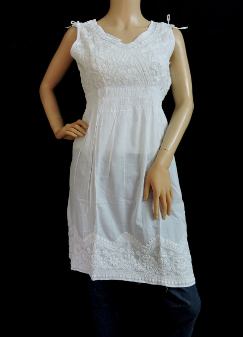 ISHIEQA's White-E Sleeveless Cotton Chikankari Top - SF0201A