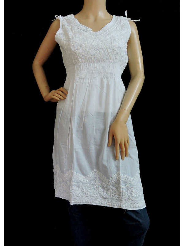 ISHIEQA's White-E Sleeveless Cotton Chikankari Top - SF0201A