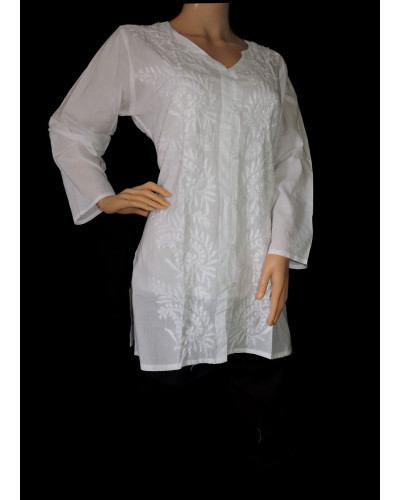 ISHIEQA's White Chikankari Cotton Short top - DC0802C