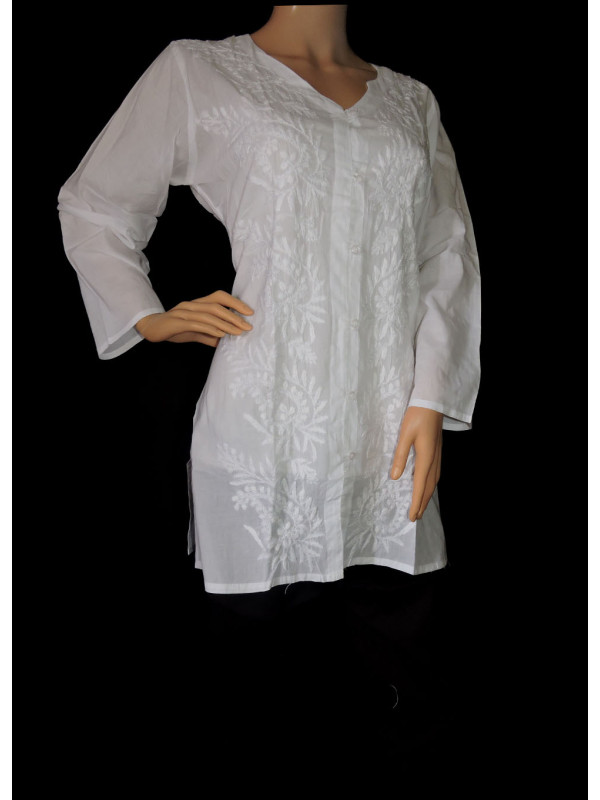 ISHIEQA's White Chikankari Cotton Short top - DC0802C