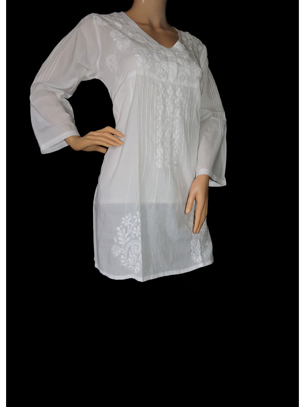 ISHIEQA's White Chikankari Cotton Short top - DC0803C