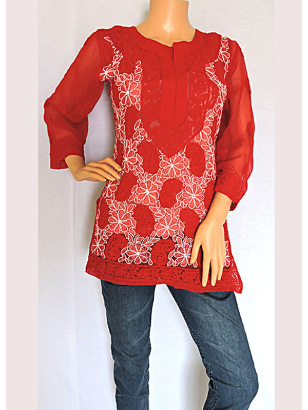 ISHIEQA's Red Georgette Chikankari Top - LU0101A