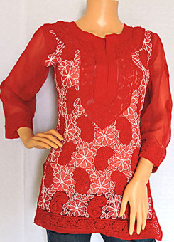 ISHIEQA's Red Georgette Chikankari Top - LU0101A