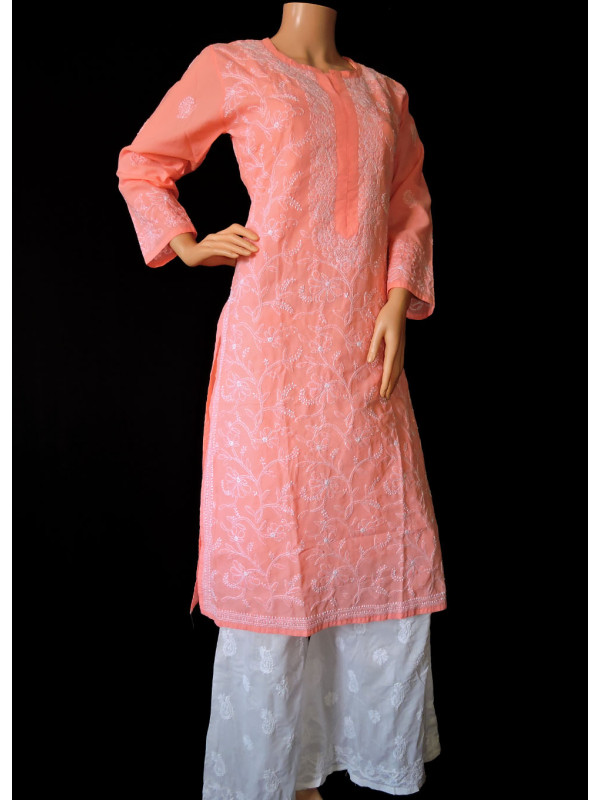 ISHIEQA's Peach Cotton Chikankari Kurti-DC0404C