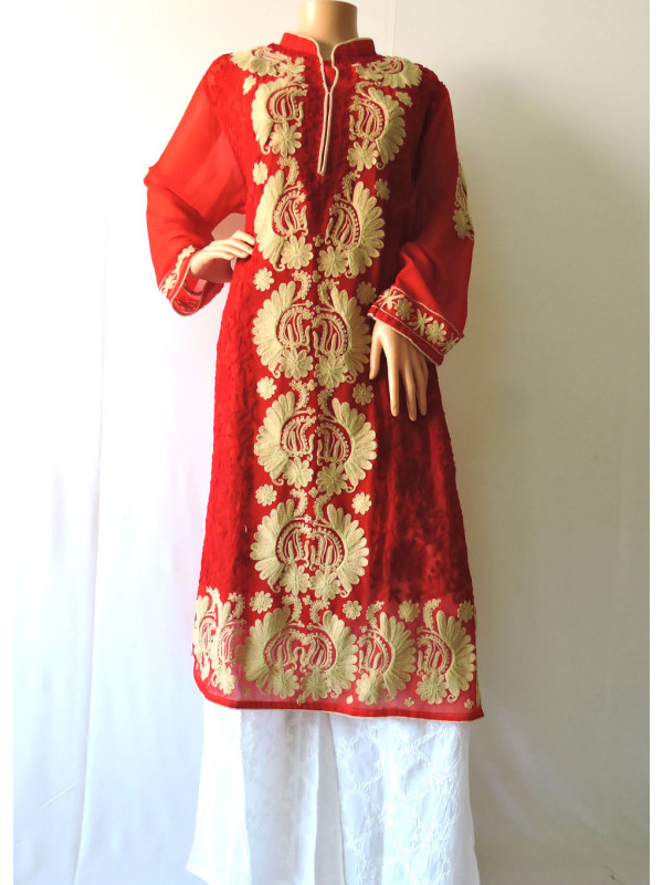 ISHIEQA's Aari work Red Georgette Kurti  - DC0105B 