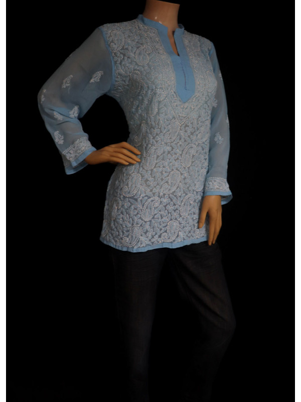 ISHIEQA's Blue Georgette Chikankari Top - DC0117B