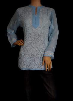 ISHIEQA's Blue Georgette Chikankari Top - DC0117B