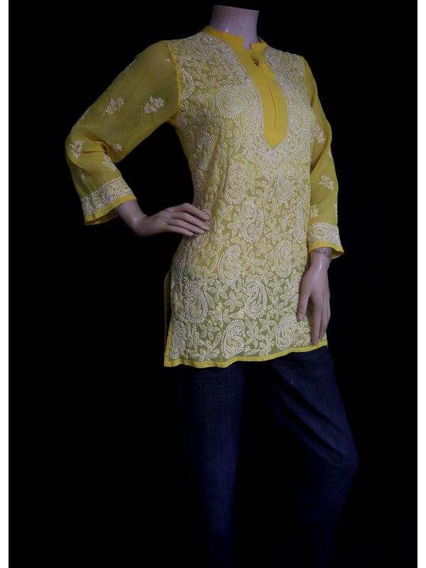 ISHIEQA's Yellow Georgette Chikankari Top - DC0117B