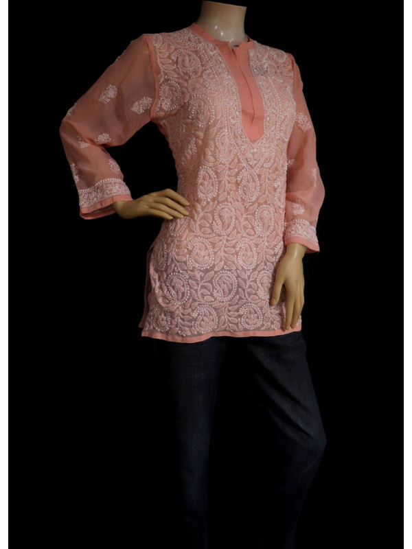 ISHIEQA's Peach Georgette Chikankari Top - DC0117B