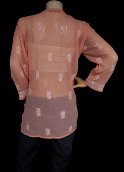ISHIEQA's Peach Georgette Chikankari Top - DC0117B