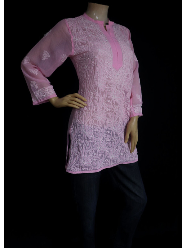 ISHIEQA's  Pink Georgette Chikankari Top - DC0117B