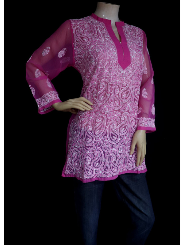 ISHIEQA's Dark Pink Georgette Chikankari Top - DC0117B