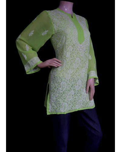 ISHIEQA's Green Georgette Chikankari Top - DC0117B