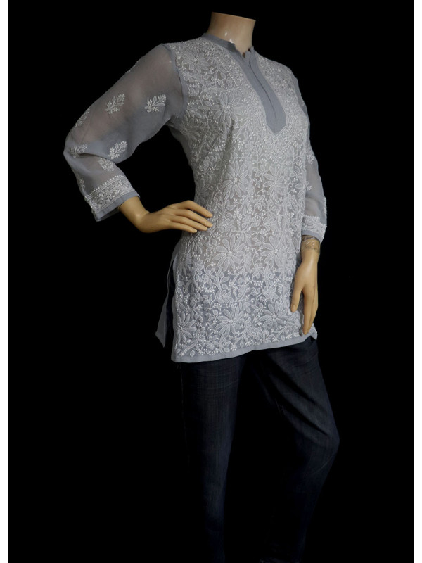 ISHIEQA's Grey Georgette Chikankari Top - DC0117B