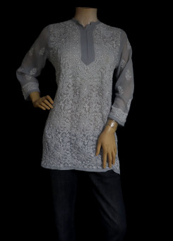 ISHIEQA's Grey Georgette Chikankari Top - DC0117B