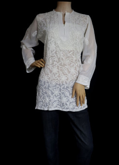 ISHIEQA's White Georgette Chikankari Top - DC0117B