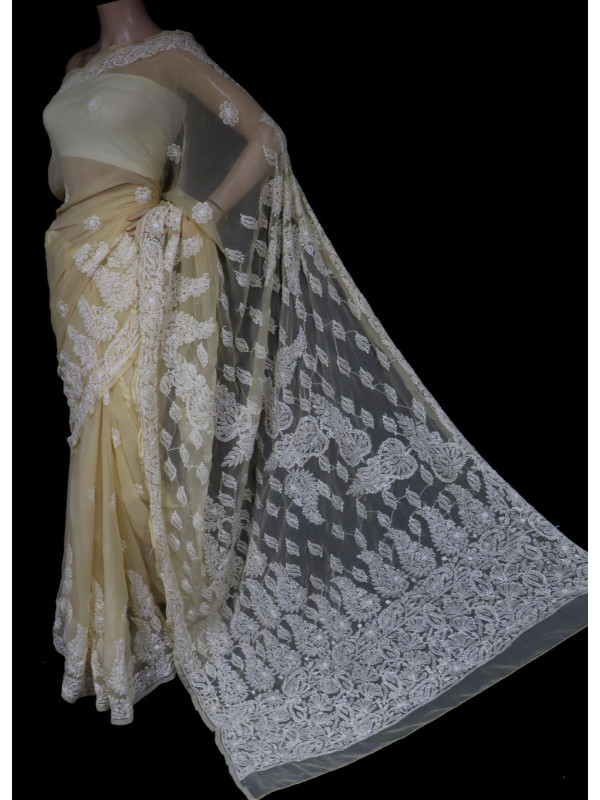 ISHIEQA's Beige Georgette Chikankari Saree- MV0404D