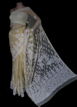 ISHIEQA's Beige Georgette Chikankari Saree- MV0404D
