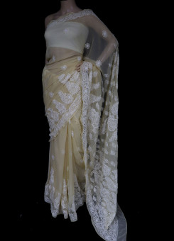 ISHIEQA's Beige Georgette Chikankari Saree- MV0404D