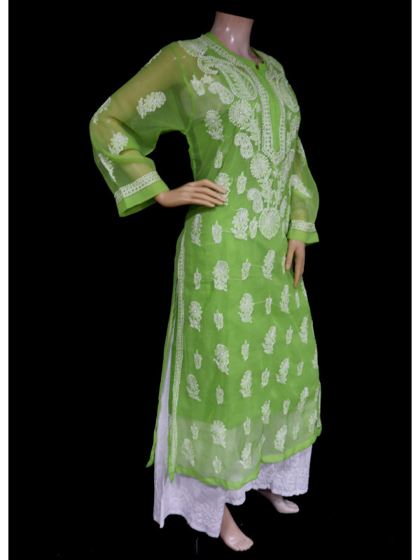 ISHIEQA's Green Georgette Chikankari Kurti  - MV1704D