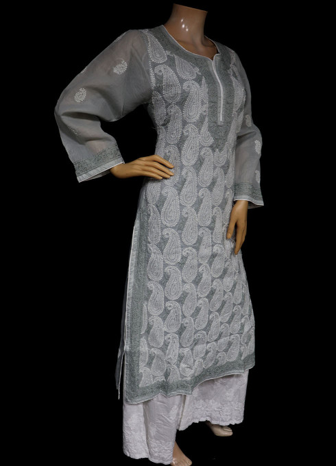 ISHIEQA's  Grey Cotton Chikankari Kurti - MV1701D