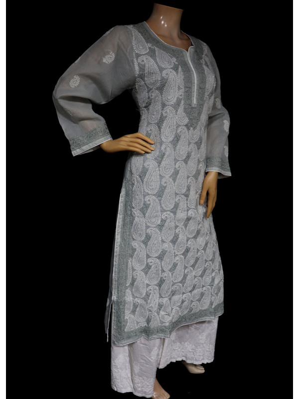 ISHIEQA's  Grey Cotton Chikankari Kurti - MV1701D