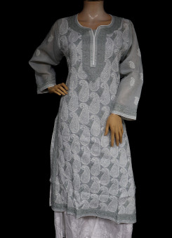 ISHIEQA's  Grey Cotton Chikankari Kurti - MV1701D